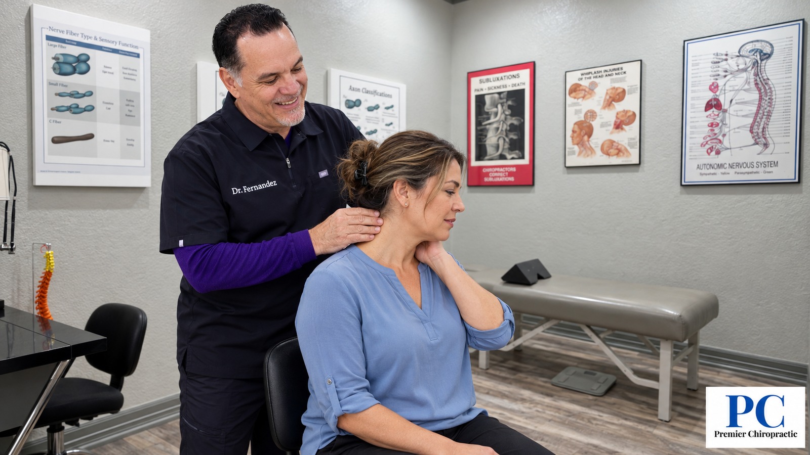 Chiropractor examining a patient's neck during a neck pain evaluation