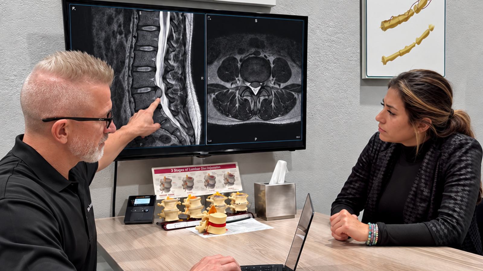 Chiropractor explaining a herniated disc to a patient using a spine model at Premier Chiropractic in Pearland, TX
