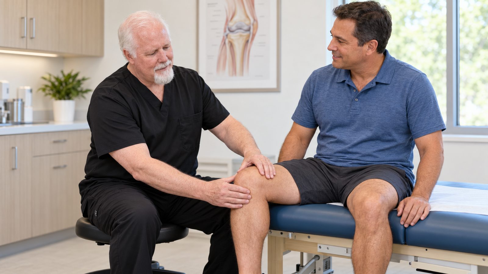 Chiropractor examining a patient's knee during a knee pain evaluation