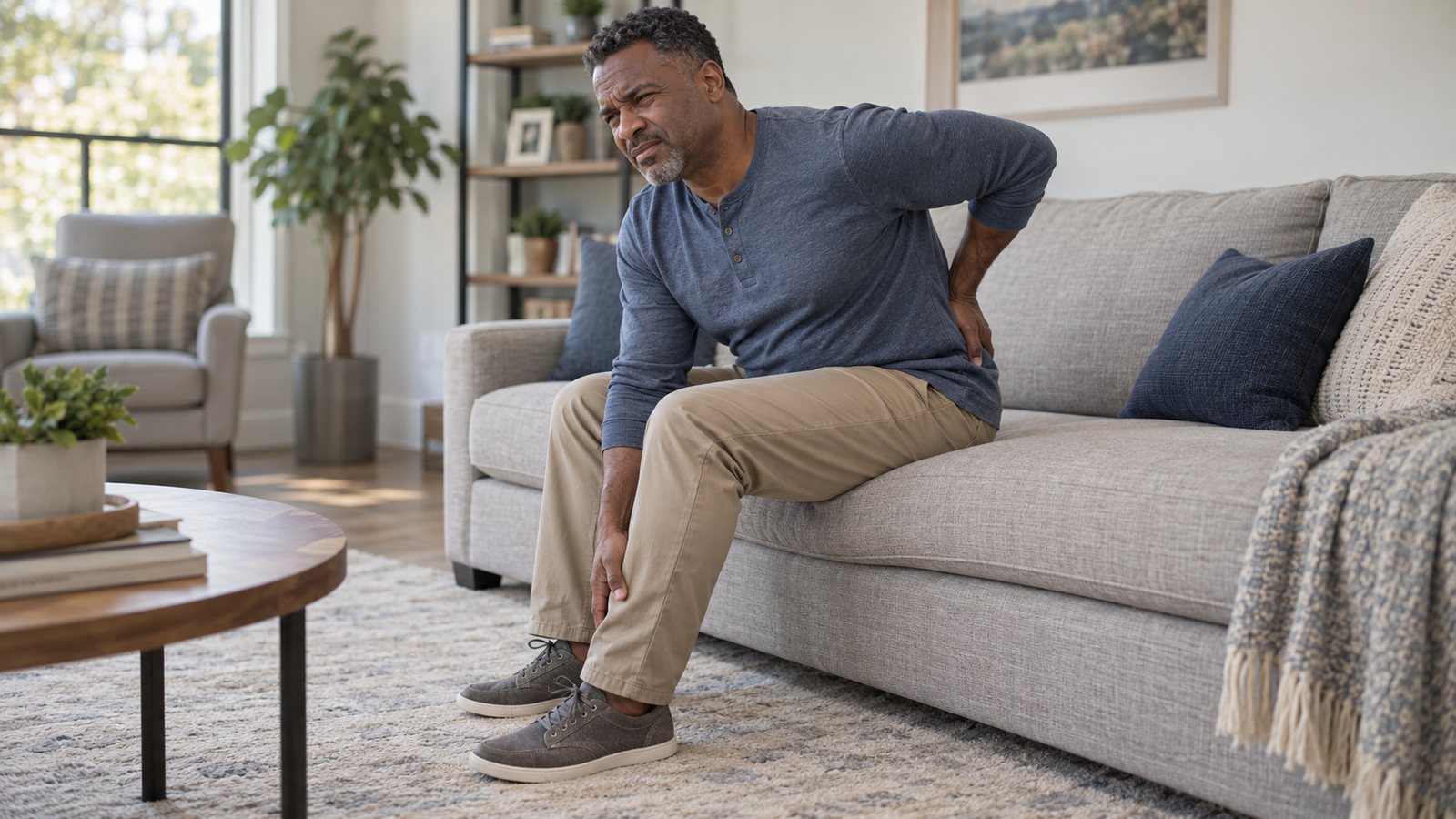 Man experiencing lower back pain and radiating leg discomfort associated with sciatica.