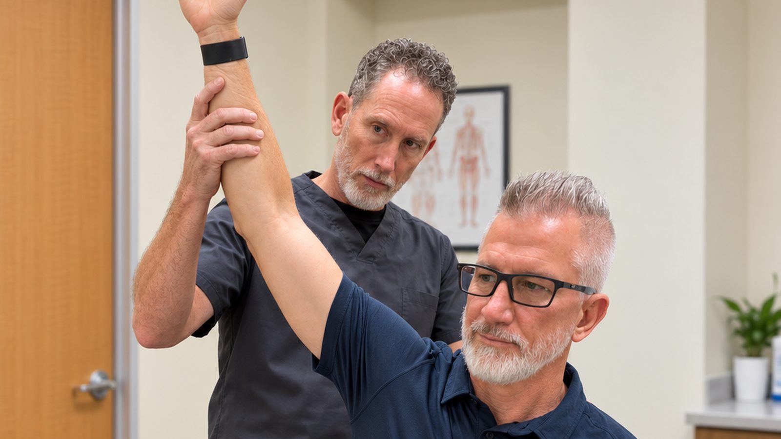 Chiropractor checking a patient's shoulder range of motion during a shoulder pain evaluation
